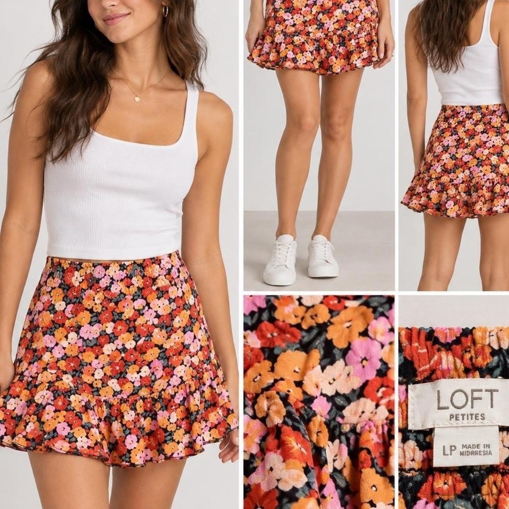 LOFT Floral Mini Skirt Womens LP Orange Boho Coastal Ruffle Smocked Waist